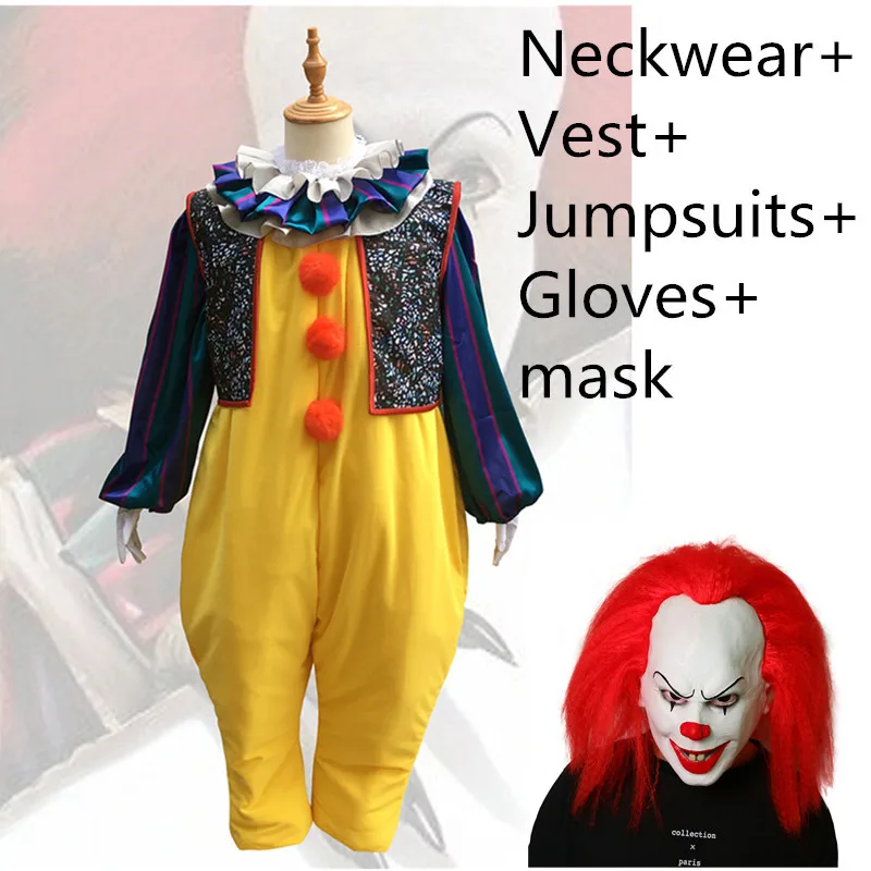 Clothes and Mask Стивен Кинг это Косплей Костюм террор Pennywise комбинезоны Джокера Хэллоуин костюм клоун фигура страшная Маска Из Латекса парик для мужчин и женщин - Цвет: Clothes and Mask