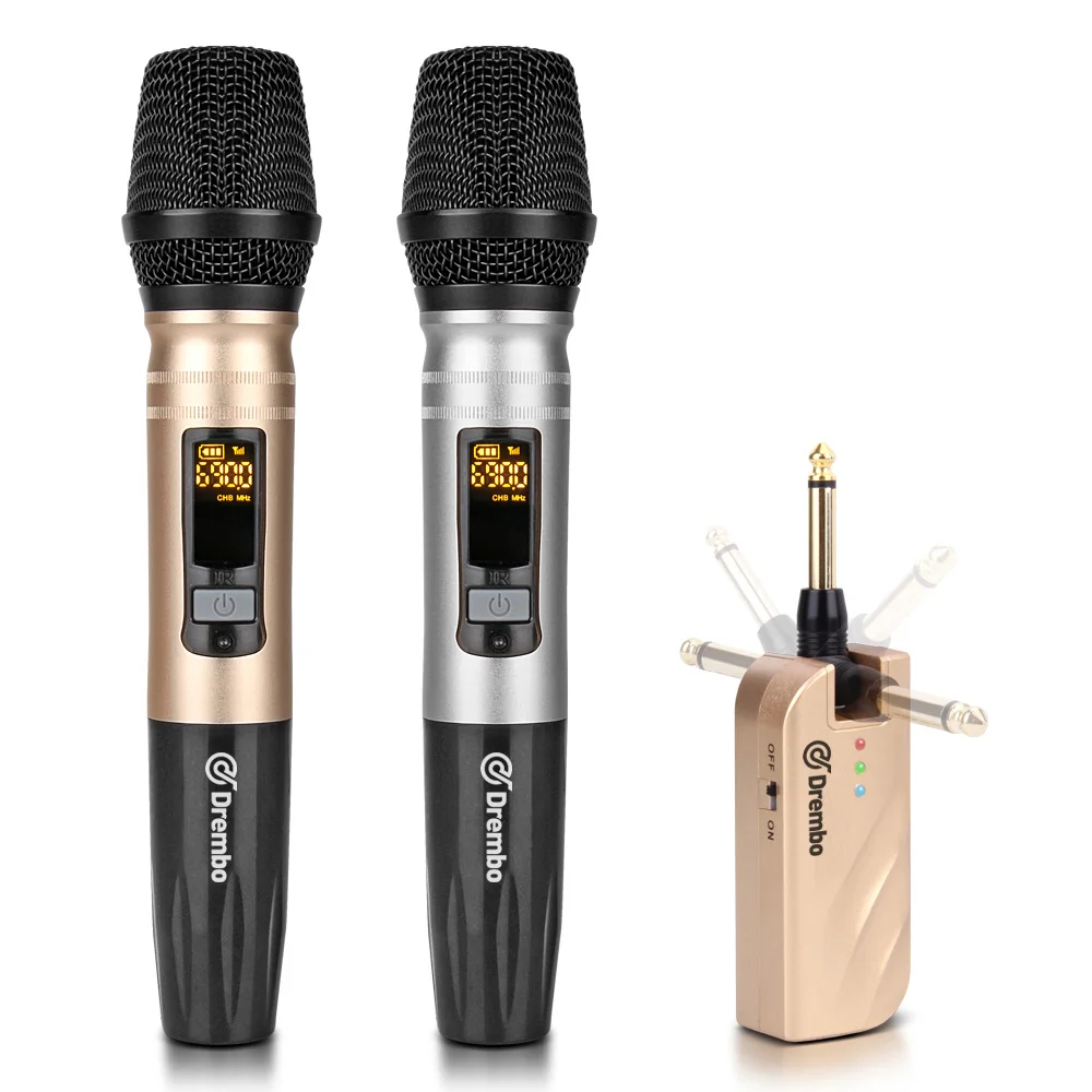 2Handheld mic Drembo mini 2 канальный переносной беспроводной микрофон с ручным или петличный и гарнитура микрофон UHF Регулируемая частота для караоке - Цвет: 2Handheld mic