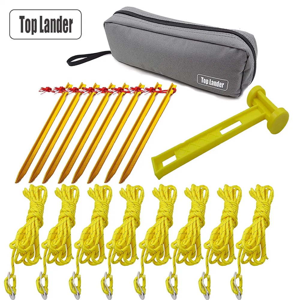 Tent Accessories Kits with 1 Plastic Hammer 8 Tent Pegs and 8 Reflective Guylines Ropes for Camping Tent Tarp Awning Sun Shelter