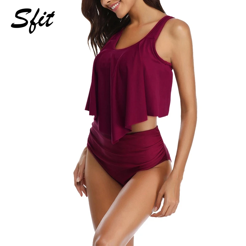 Sfit 2019 новые летние женские высокие бикини комплект милые однотонные с оборками