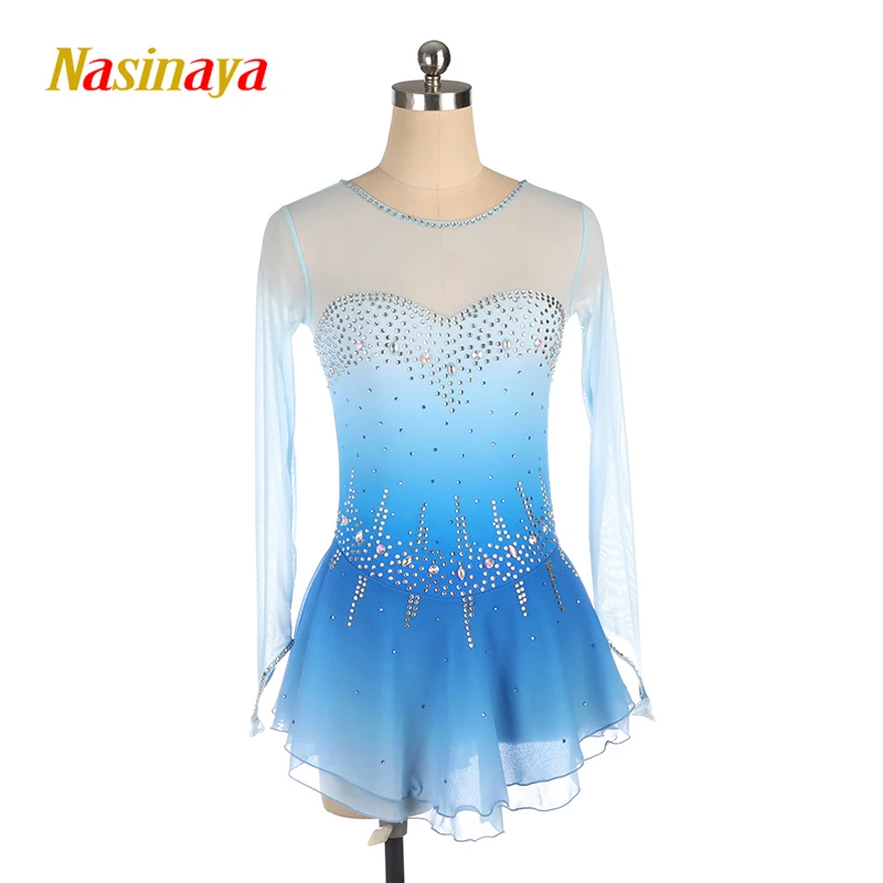 Figure Skating Costume Dress Customized Competition Ice Skating Skirt for Girl Women Kids Gymnastics Dancing Blue