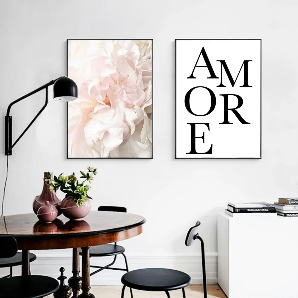 

Light Peony Flower Wall Art Canvas Posters Prints Letter Painting Nordic Style Decoration Picture Bedroom Decor Unframed