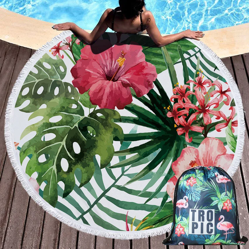 

Flowers Leaves Summer Round Beach Towel Bohemian with Drawstring Backpack Bag Shower Towels Yoga Mat Sofa Cover with Tassels