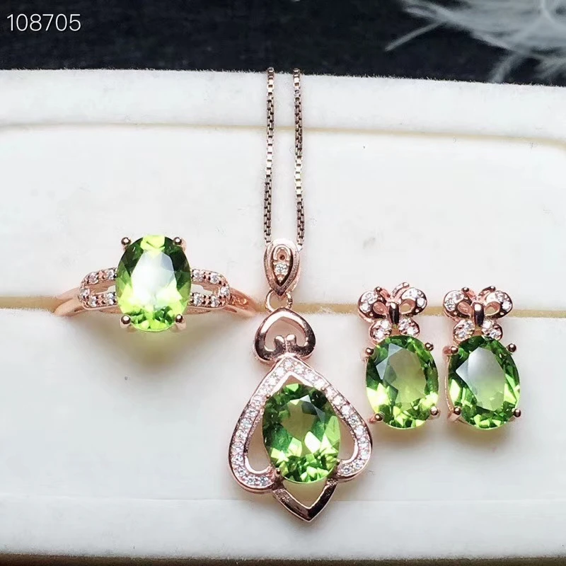 

S925 silver natural green peridot gem ring pendant earrings natural olivine jewelry set Lovely Butterfly geometry girl jewelry