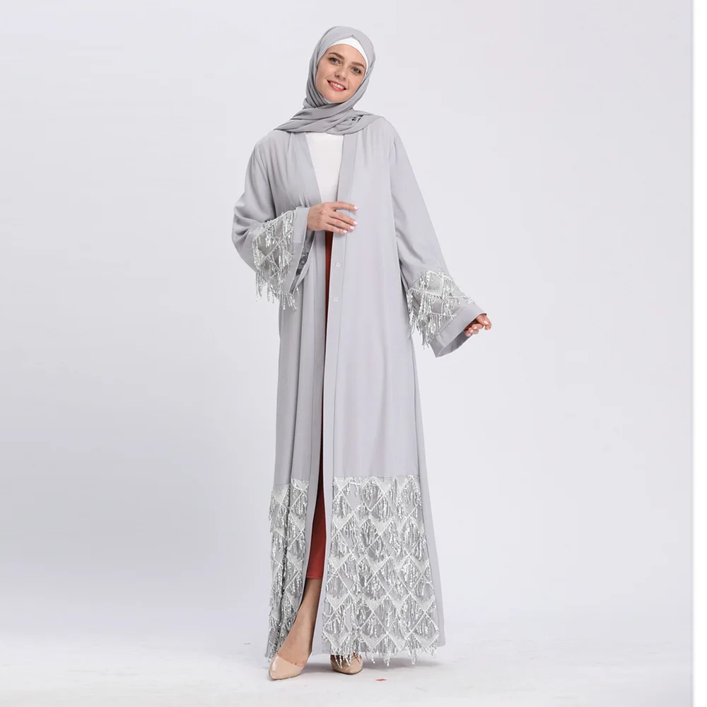 Мусульманский кафтан с блестками и кисточками кимоно Abaya мусульманское хиджаб