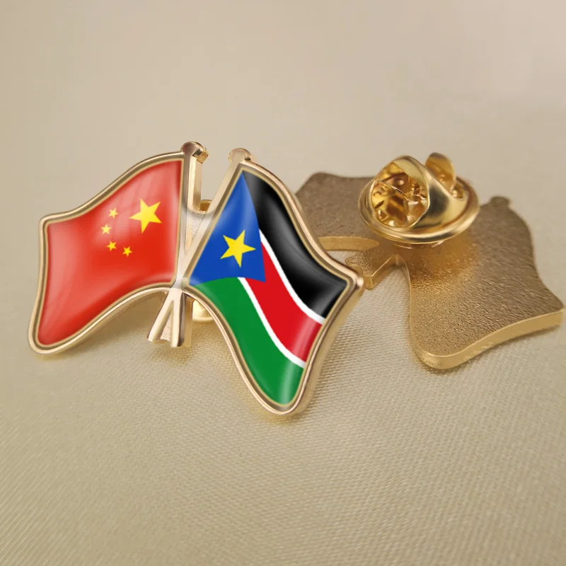 

China and South Sudan Crossed Double Friendship Flags Lapel Pins Brooch Badges