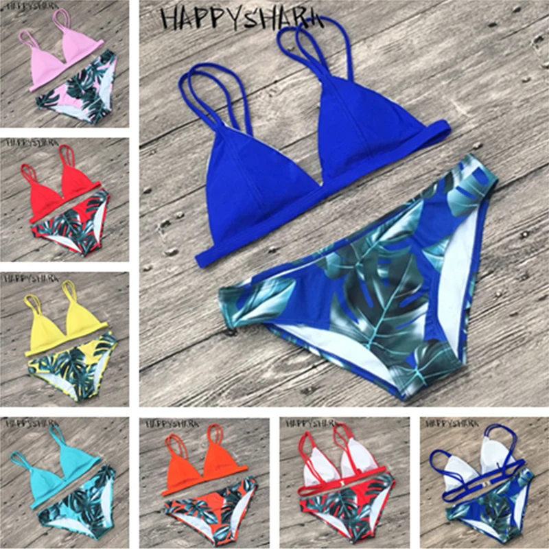 HAPPYSHARK 2018 Women Bikinis Set Palm Leaves Printed Bottom Swimwear Brazilian Biquinis Solid Top 2 Pcs Swimsuit Red Blue Orang |