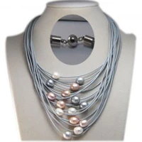 17 24 inches 15 rows customized gray women natural multicolor oval pearl leather necklace