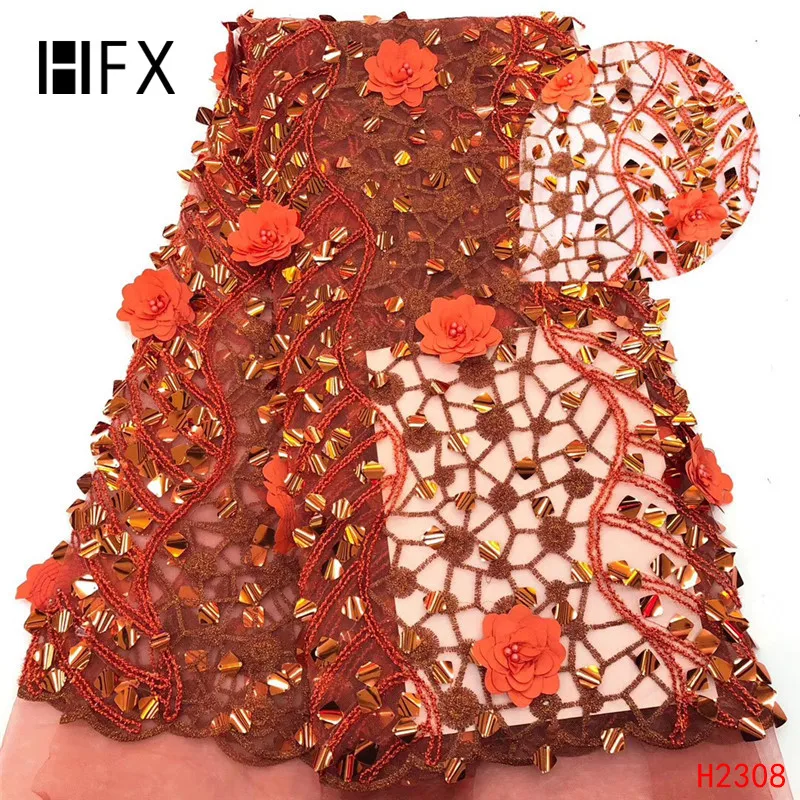 

HFX African Lace Fabric 2019 High Quality 3D flower Sequins French Nigerian Beads Lace Fabric Embroidery Wedding dress H2308