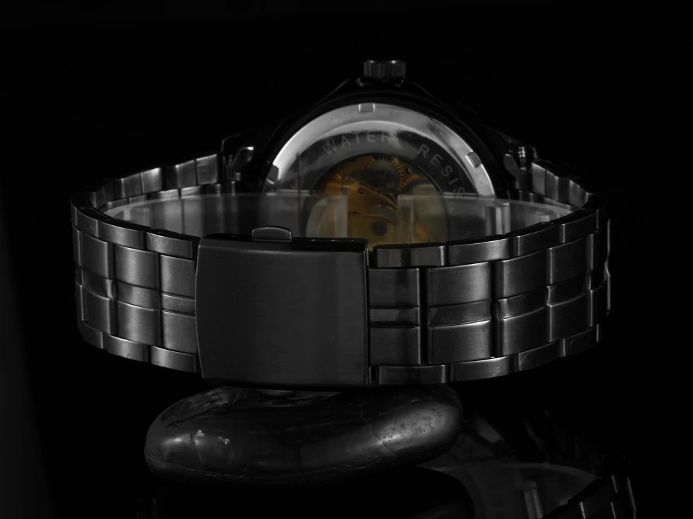 

OUYAWEI Male Clock Automatic Mens Watch Golden Skeleton Dial Mechanical Wristwatch Black Stainless Steel Montre Homme