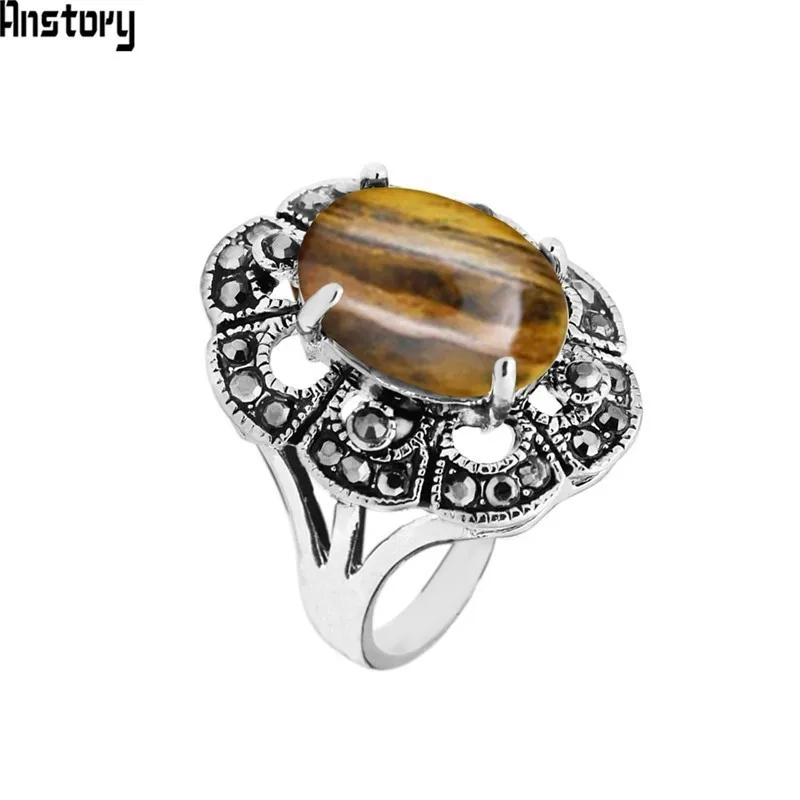 Oval Natural Tiger Eye Rings For Women Vintage Look Antique Silver Plated Rhinestone Plum Flower Fashion Jewelry TR692 | Украшения и