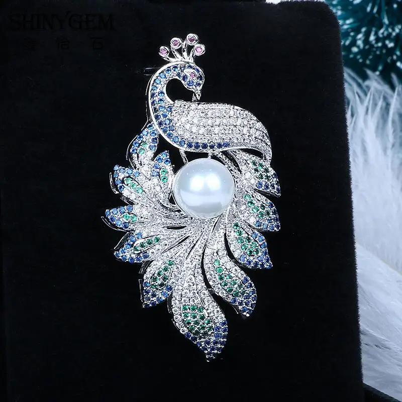 ShinyGem Роскошные Эмаль Павлин Броши элегантный кубический циркон животных Большой