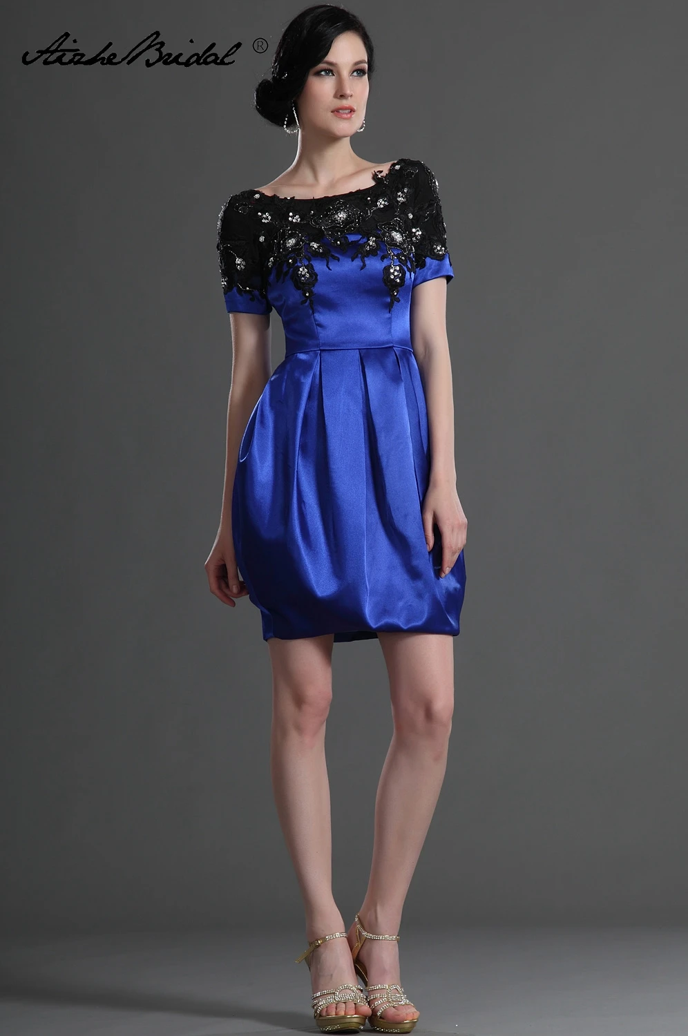 

Formal Women's Dress Short Elegant Cap Sleeve Blue Satin Black Lace Mother of the Bride Dress Knee Length