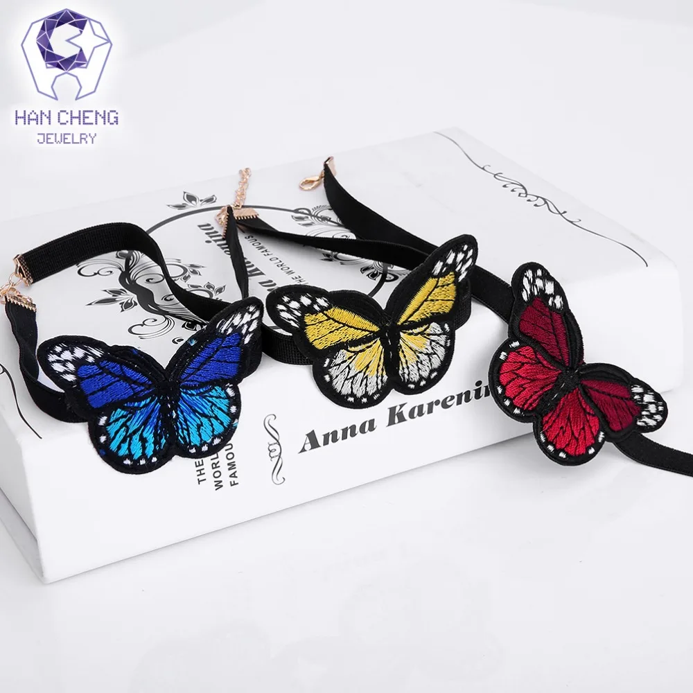 HanCheng Новое модное ожерелье чокер с бабочкой из ленты женское вышитое эластичная
