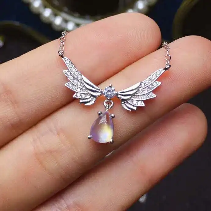 Fidelity natural 5*7mm moonstone (lovers of stone) pendants s925 sterling silver wing fine jewelry for women party blue gemstone | Украшения