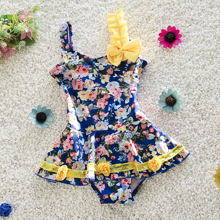 2017 Фирменная Новинка качества для девочек купальный костюм синий с желтыми