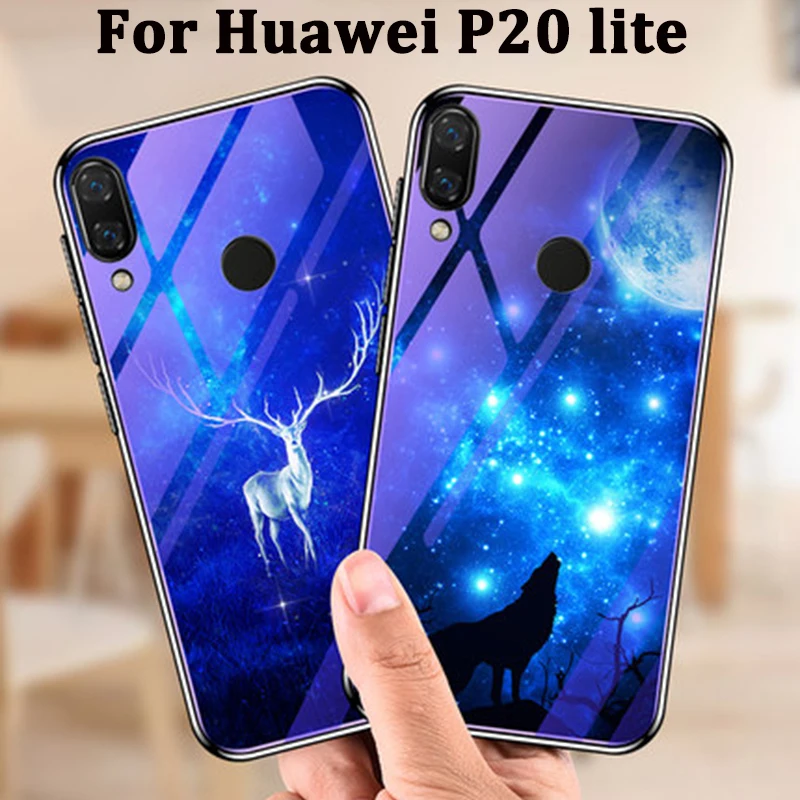 2 шт. для huawei P20 lite чехол Мода Мультфильм синий закаленное Стекло задняя крышка