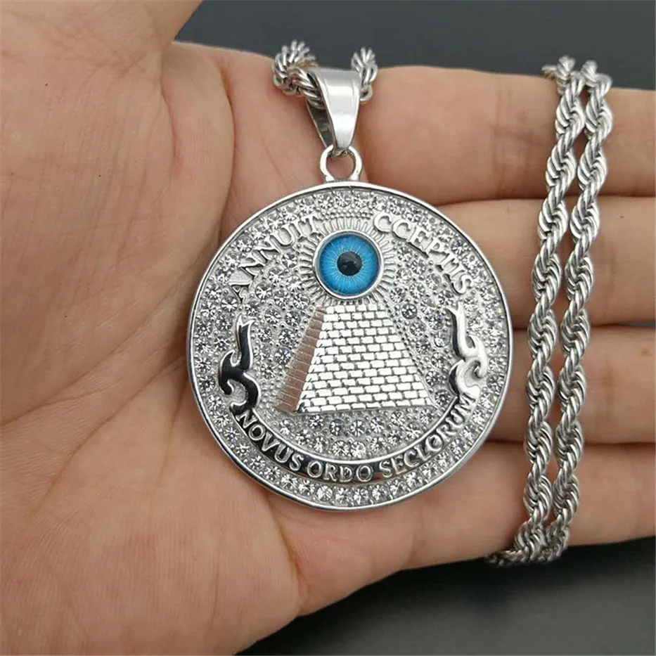 

Hip Hop Men's Necklace Male Stainless Steel Iced Out Bling All Seeing Eyes Masonic Pendant & Chains For Men/Women Jewelry