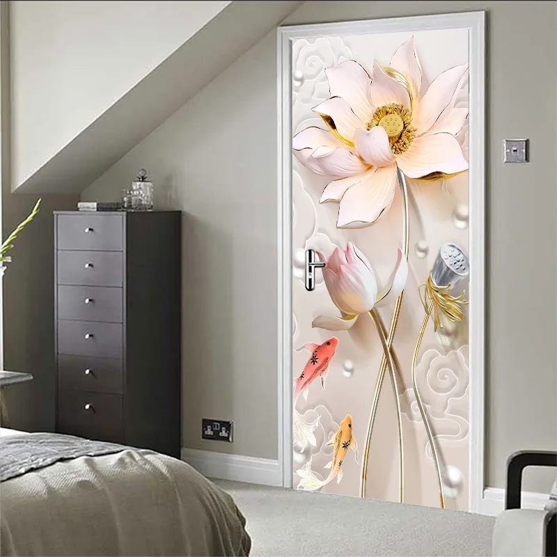 Уникальные Наклейки для дверей с изображением растений наклейки лотоса кои