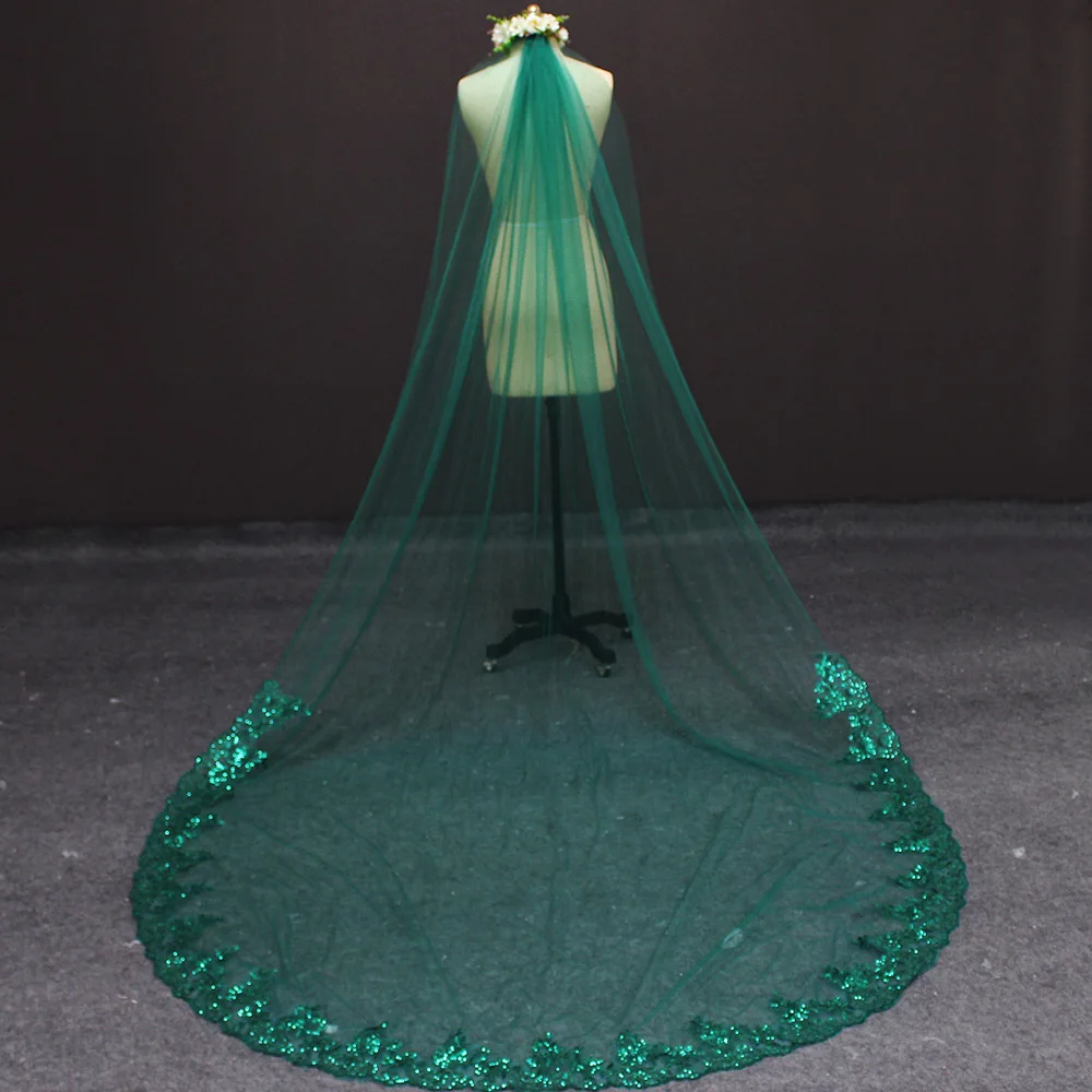 Новинка 3 метра один слой кружева внизу Зеленый Тюль свадебная фата м Длинная для