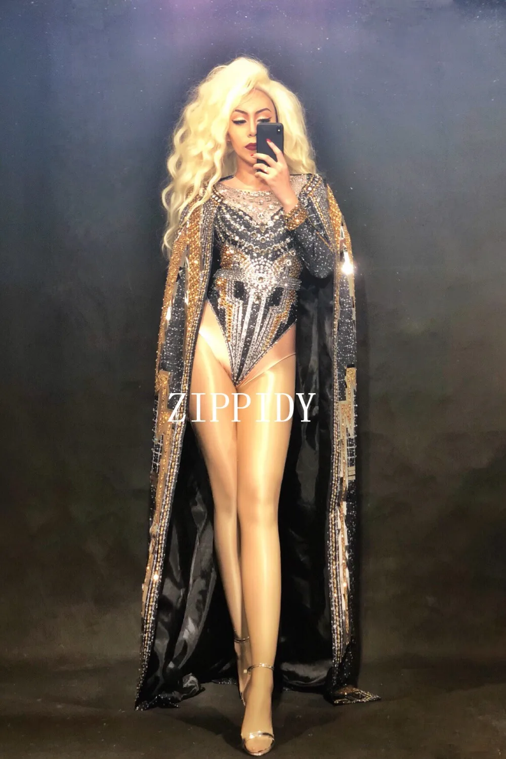 Sparkly Big Crystals Leotard Long Cloak Glasses Stones Bodysuit Performance Party Celebrate luxurious Shining Dance Costume