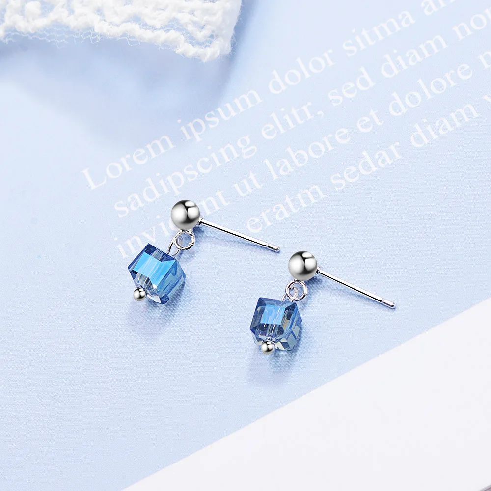 

Luxury Cube Sugar Crystal Silver Plated Female Tassel Stud Earrings Original Jewelry For Women Birthday Gift Drop Shipping