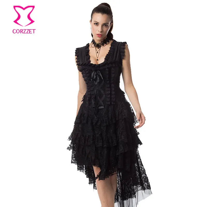 Черное цветочное многослойное кружевное викторианское платье-корсет с рюшами