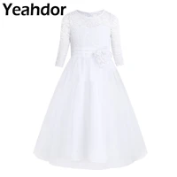 kids princess white lace flower girl dresses mesh half sleeves tea length sash lace dresses for wedding birthday party vestidos