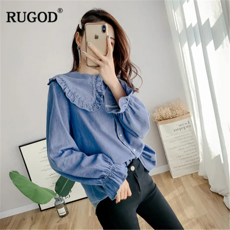 RUGOD Casual Office Lady Blue Blouses Peter pan collar Flare Sleve slim Women Shirts tops Plus size shirt Famele | Женская одежда