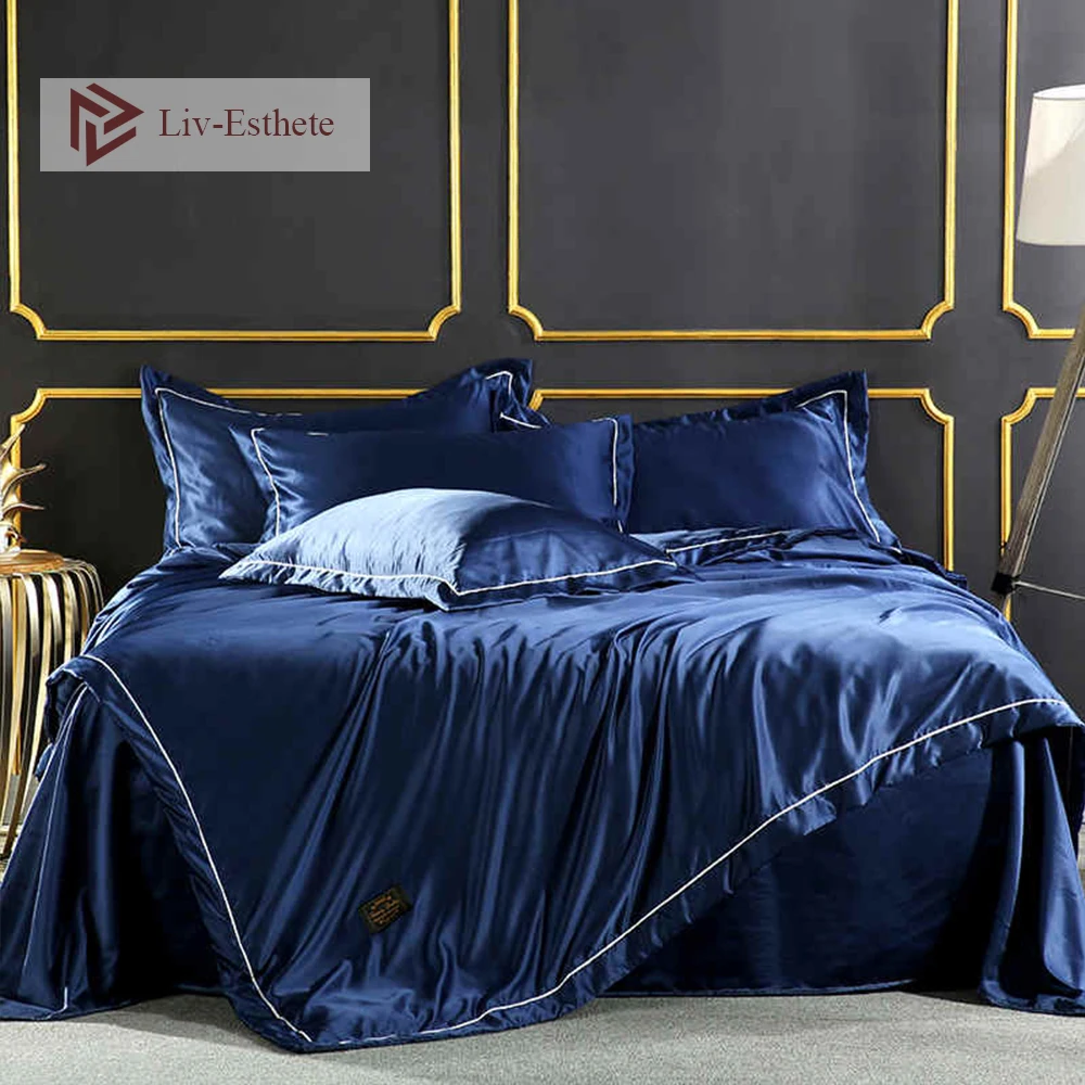 Liv Esthete 100% шелк синий роскошный комплект постельного белья двойной королева