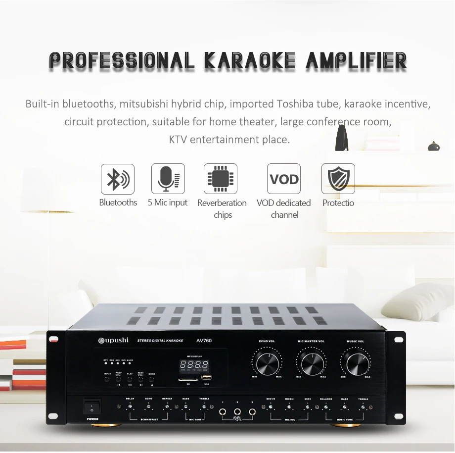 Oupushi Профессиональный усилитель мощности для караоке AV760+ HY208 смешивания настенные колонки с willess комплекты микрофона