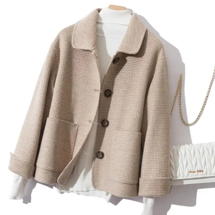 Wool Coat Women Spring Autumn high quality Double-sided Cashmere Jacket Long sleeve Casual plus size Short Coats - Цвет: Camel grid