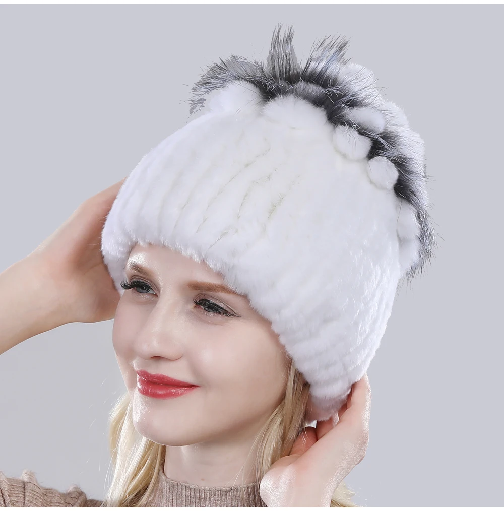 Женские шапки из меха кролика Рекс, зимние шапки из меха кролика Рекс, полосатые шапки с мехом лисы, теплые вязаные шапки из натурального меха