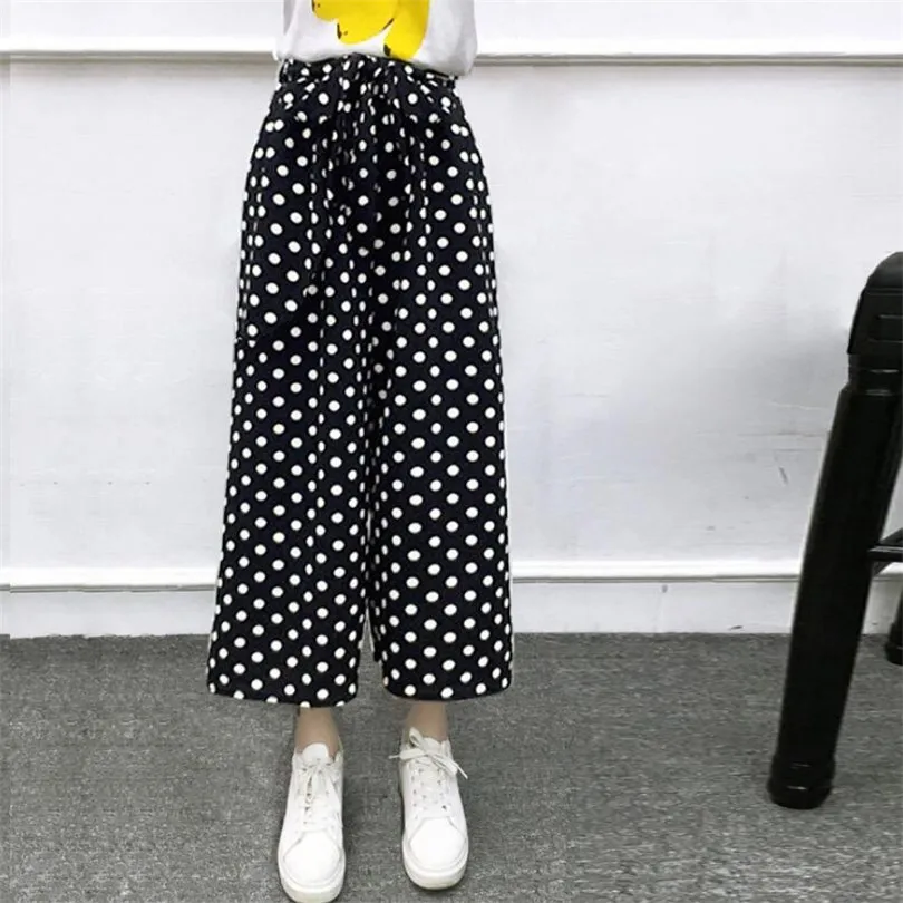 

CUHAKCI Wide Leg Pants Bow Ties Decorate Ankle Length Trousers Striped Dot Summer Women Loose Elegant Female Girls Casual Pants