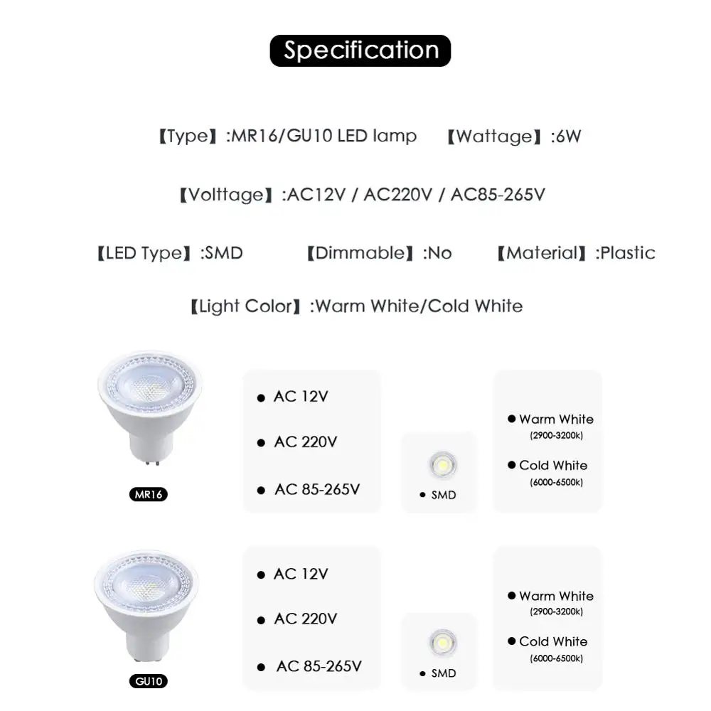 Светодиодный точечный светильник 6 Вт MR16 GU10 SMD 2835 lampara 12 В 220 в 240 энергосберегающий