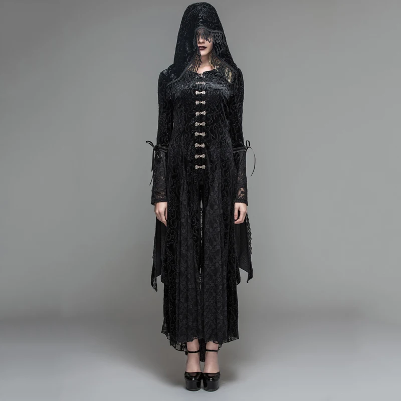 Женское повседневное длинное пальто Devil черное готическое с капюшоном и
