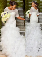 2021 o neck half sleeve full beads ruffles mermaid wedding dress vestido de noiva robe de mariee bridal gown