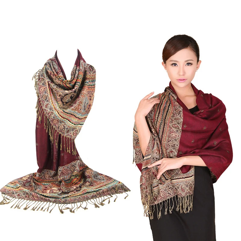 

New Fashion Burgundy Color Chinese Women's Pashmina Hijab Chal Autumn Winter Hot Sale Scarves Shawl Tassel Bufanda 011506