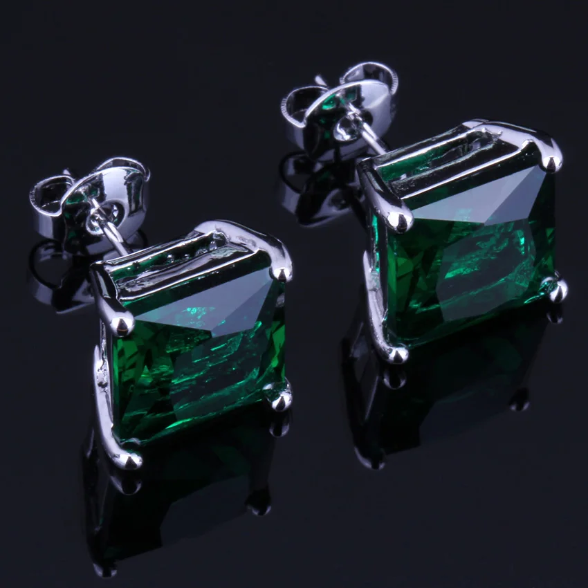 Чудесные квадратные зеленый фианит 925 стерлингового серебра серьги гвоздики