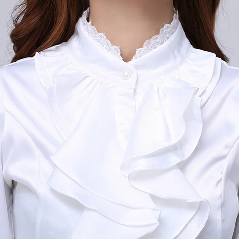 Классическая Женская белая шифоновая блузка с оборками большие размеры S-2XL OL
