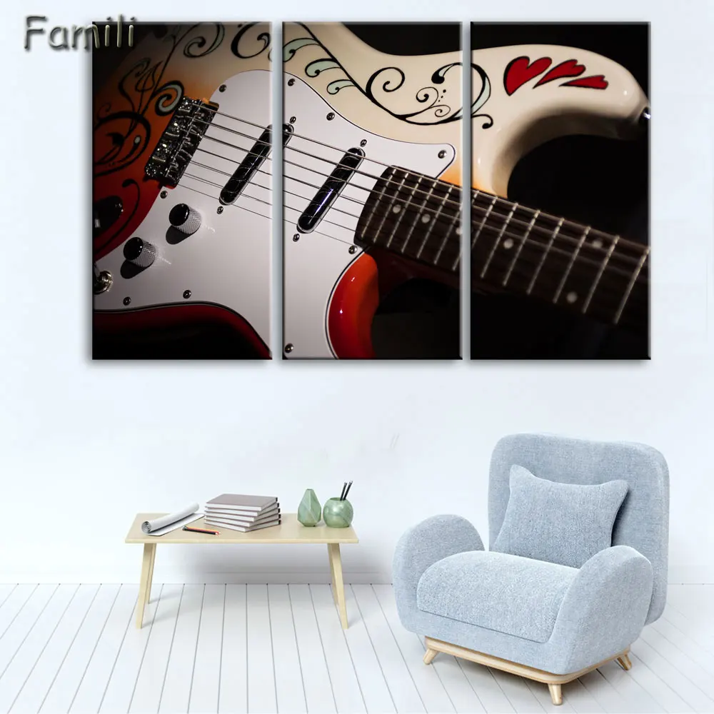 Холст стены Книги по искусству некадрированным Home Decor Фотографии комплект из 3 предметов Электрогитары Картины Винтаж музыкальный инструмент Плакаты HD с Пэн