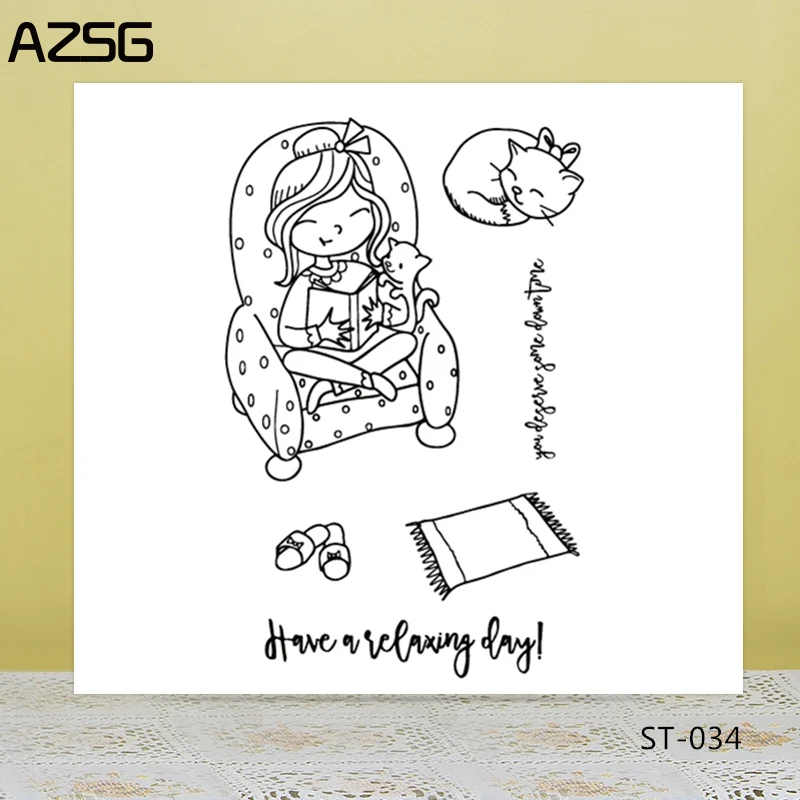 

AZSG Sluggish Girl Sleeping Cat Clear Stamps/Seals For DIY Scrapbooking/Card Making/Album Decorative Silicone Stamp Crafts