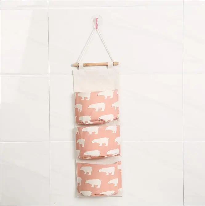 Pink Polar bear Фламинго, хлопок, лен, висячая сумка для хранения, 3 кармана, настенный шкаф, висячая сумка, макияж, ювелирные изделия, косметические игрушки, органайзер, сумка - Цвет: Pink Polar bear