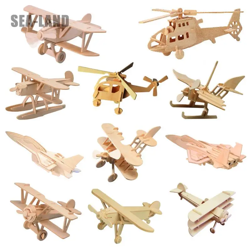 

Wholesale 3D Diy Wooden Kids Puzzles Game Toy Aircrafts Educational Puzzle Montessori Toy Challenge IQ A Hobby Gift Dropshipping