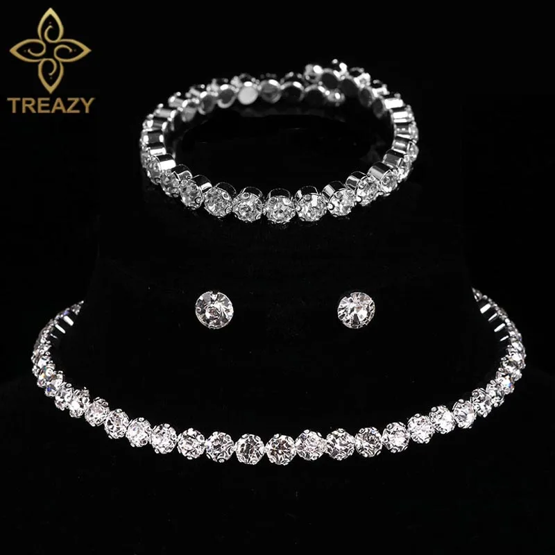 3pcs set TREAZY, круглый кристалл, наборы свадебных ювелирных изделий, серебряный цвет, Африканский бисер, стразы, свадебное ожерелье, серьги, браслет, набор для женщин - Окраска металла: 3pcs set