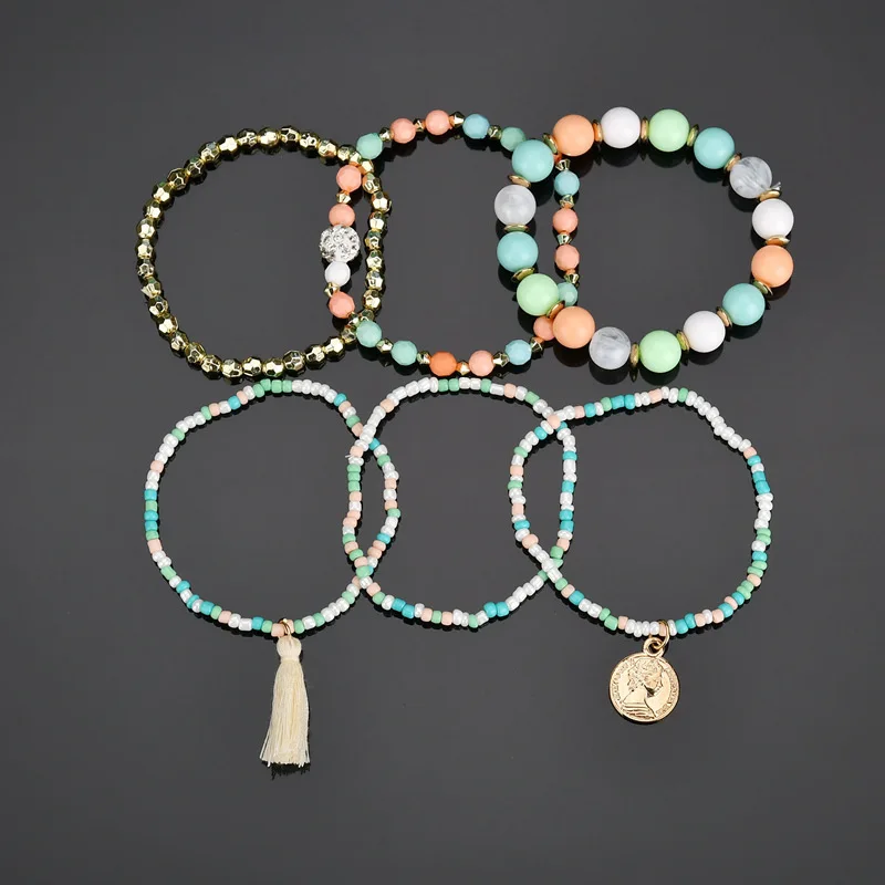 Noter 6 шт./компл. Boho браслет Femme 4 мм маленькие бусины браслет с кисточками очарование звено цепи Brazalete для Для женщин кулон Браслеты
