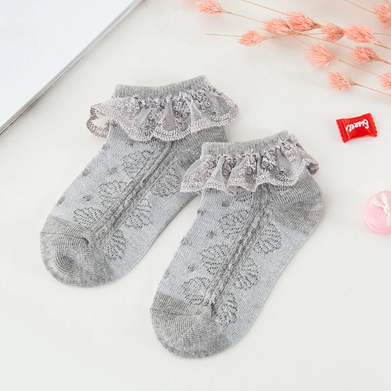 Gray Короткие кружевные носки с цветочным принтом для маленьких девочек хлопковые носки для новорожденных малышей - Цвет: Gray