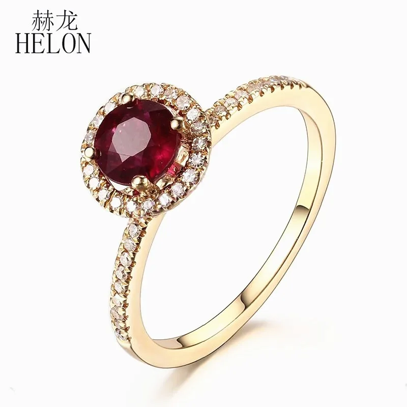 HELON 0.9ct круглое обработанное рубиновое кольцо твердое 10 к желтое золото натуральное бриллиантовое обручальное кольцо женское свадебное драгоценное украшение