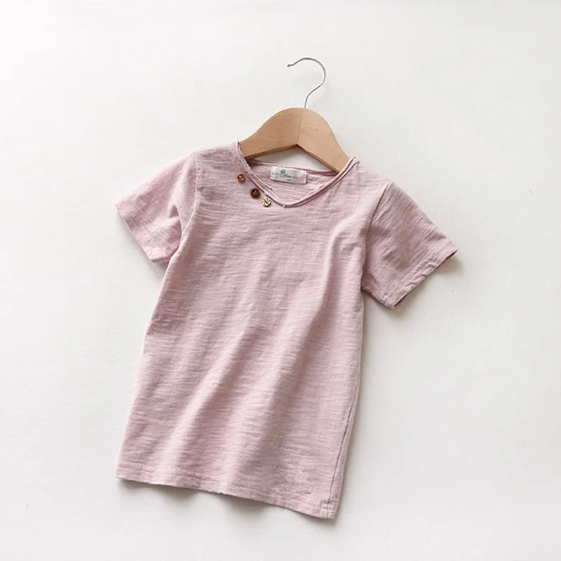 Camisetas de manga corta para ni&ntilde;os y ni&ntilde;as, Camisa de algod&oacute;n de bamb&uacute; de Color s&oacute;lido, cuello en V informal, Tops para ni&ntilde;os para verano 2018 BC088-5