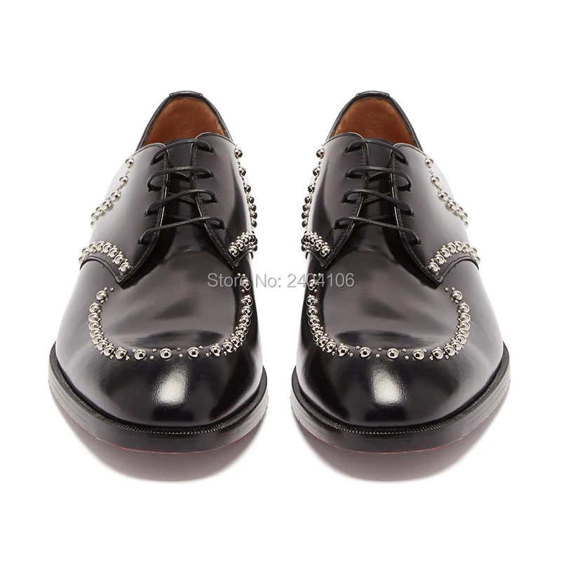 Drop Ship Shiny Sold Leather Silver Stone Studded Oxfords Business Dress Formal Shoes Cross-tied Lace-up Black Rivets Men | Обувь